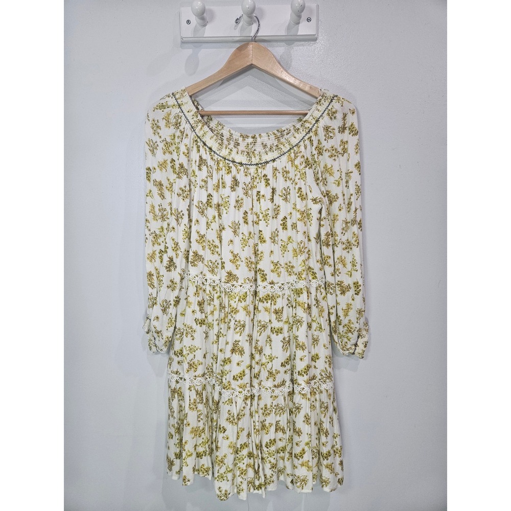Chelsea & Violet Floral Tiered Mini Dress Smocked Off Shoulder Yellow White L